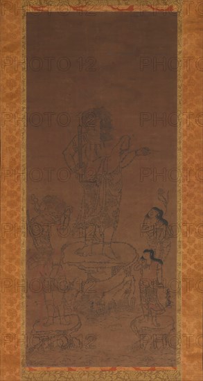 Fudo Myoo with Four Attendants, Outlined in Seed Syllables, 15th century. Creator: Chikai.
