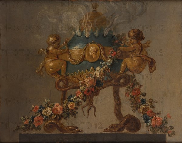 Perfume-burner supported by amorini and serpents and garlanded with flowers, 18th century. Creator: French Painter , 18th century .