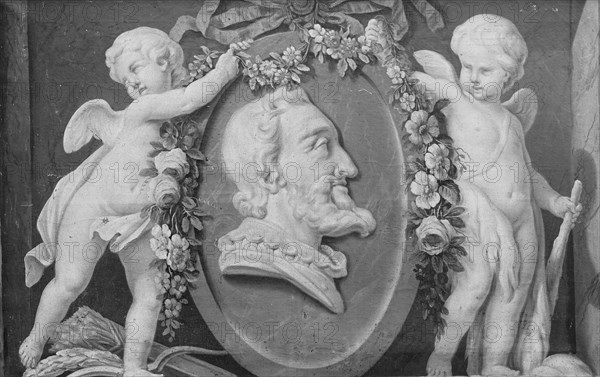 Bust of Henri IV in oval medallion with blue ground supported by two cupids, 18th century. Creator: French Painter , 18th century .