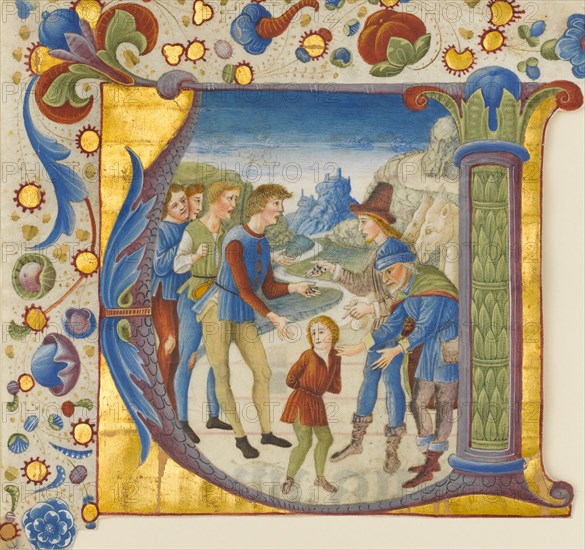 Manuscript Illumination with Joseph Sold by His Brothers in an Initial V..., ca. 1490. Creator: Giovanni Pietro da Cemmo.