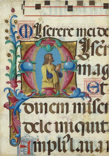 Manuscript Illumination with David in Prayer in an Initial M, from a Psalter, 1501-2. Creator: Girolamo dai Libri.