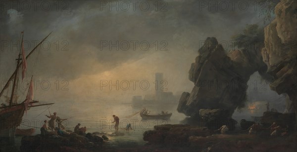 Harbor Scene with a Grotto and Fishermen Hauling in Nets. Creator: Unknown.