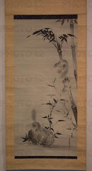 Squirrels on Bamboo and Rock, 19th century. Creator: Kano Osanobu.