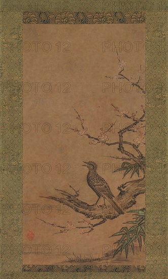 Brown-Eared Bulbul (Hiyodori) on a Branch of Plum, mid- to late 16th century. Creator: Kano Shoei.