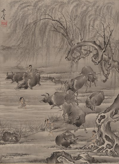 Buffalo and Herdsman, ca. 1887. Creator: Kawanabe Kyosai.
