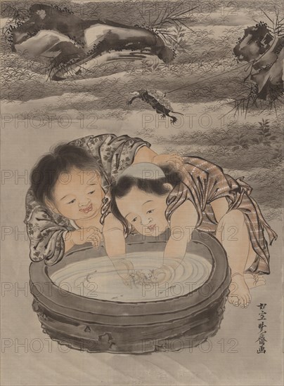 Two Children Playing with Goldfish, ca. 1887. Creator: Kawanabe Kyosai.