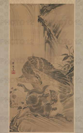 Eagle Attacking a Mountain Lion, 1885. Creator: Kawanabe Kyosai.