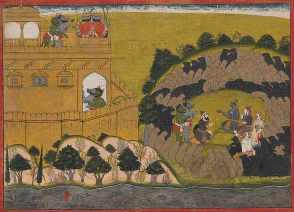 Rama Releases the Demon Spies Shuka and Sarana: Folio from the Siege of Lanka series , ca.1725. Creator: Manaku.