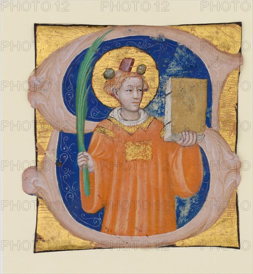 Manuscript Illumination with Saint Stephen in an Initial S, from an Antiphonary, ca. 1410-20. Creator: Master of the Brussels Initials.