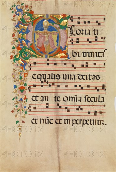 Manuscript Leaf with the Trinity in an Initial G, from an Antiphonary, second half 15th century. Creator: Master of the Riccardiana Lactantius.