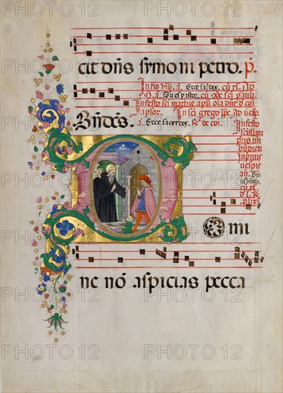 Manuscript Leaf with Saint Benedict Resuscitating a Boy in an Initial D..., second half 15th century Creator: Master of the Riccardiana Lactantius.