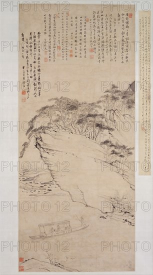 Boating on a River Beneath a Cliff, datable to 1673. Creator: Mei Qing.