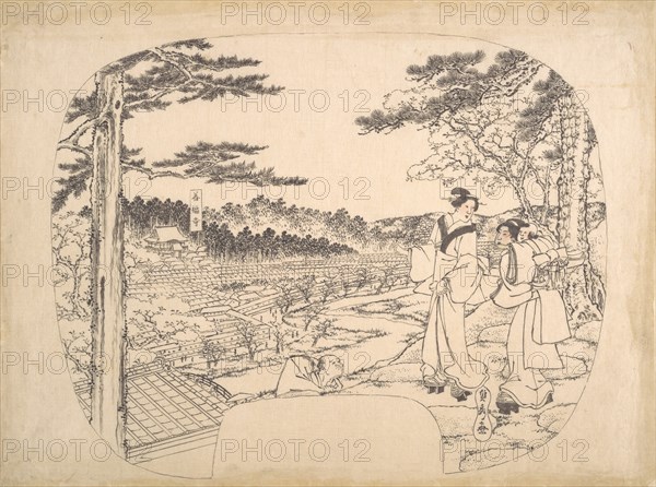 Two Women Admiring the Sights from a Vantage Point...the Zenpukuji Temple, 19th century. Creator: Sadahide Utagawa.
