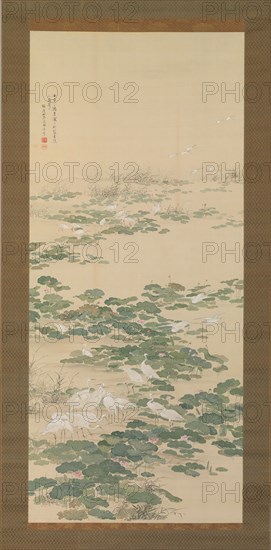 Egrets in a Lotus Pond, 1852. Creator: Yamamoto Baiitsu.