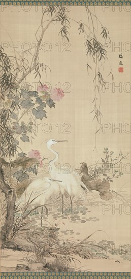Egrets, Peonies, and Willows, early 19th century. Creator: Yamamoto Baiitsu.