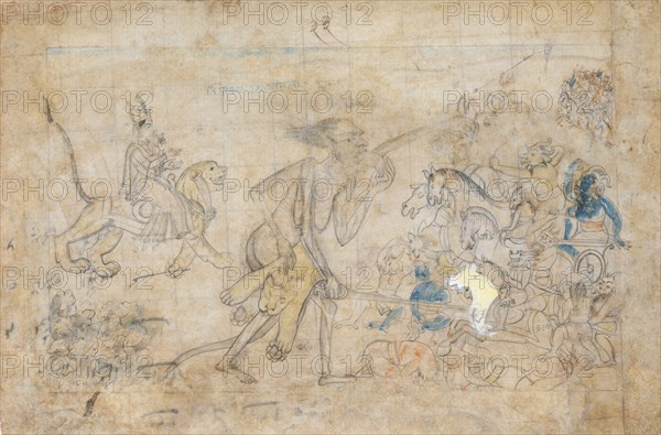Durga and Kali Approach the Gathered Armies of Chanda and Munda..., ca. 1780. Creator: Unknown.