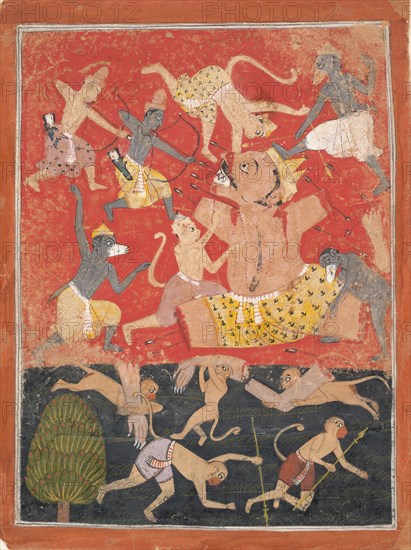 The Demon Kumbhakarna Is Defeated by Rama and Lakshmana..., ca. 1670. Creator: Unknown.