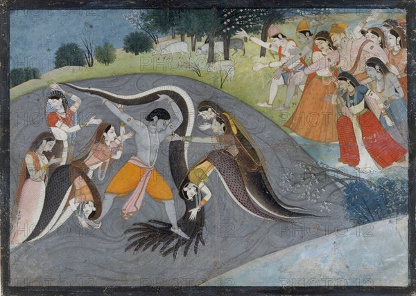 Krishna Subduing Kaliya, the Snake Demon: Folio from a Bhagavata Purana Series , ca. 1785. Creator: Unknown.