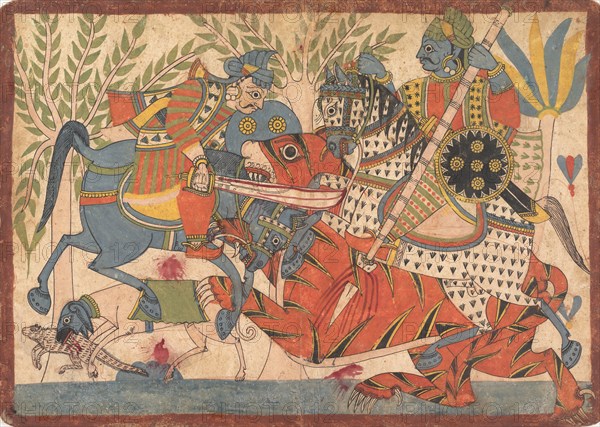 Harishchandra and his Minister Killing a Tiger folio from a Harishchandra Series, 1800-1850. Creator: Unknown.