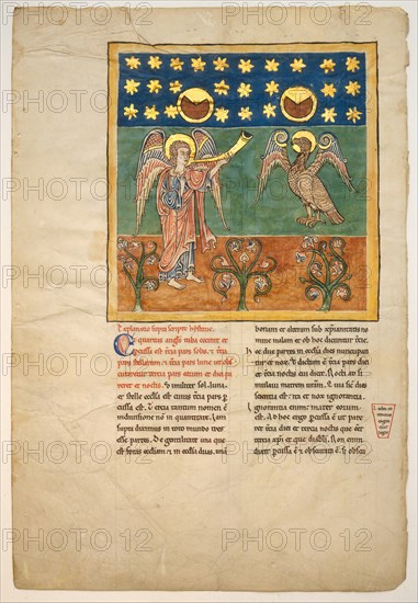 Leaf from a Beatus Manuscript: the Fourth Angel Sounds the Trumpet and an Eagle..., ca. 1180. Creator: Unknown.