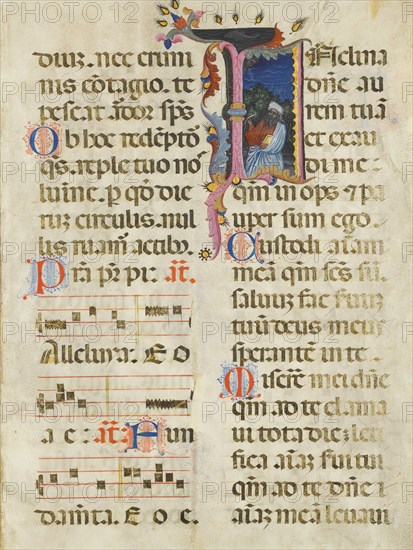 Manuscript Leaf with King David in an Initial I, from a Psalter, early 15th century. Creator: Unknown.