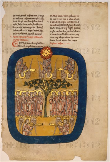 Leaf from a Beatus Manuscript: Angels Restrain the Four Winds..., ca. 1180. Creator: Unknown.