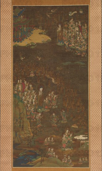 Descent and Return of Amida to Western Paradise with a Believer's Soul (Gosho mandara), c1300. Creator: Unknown.