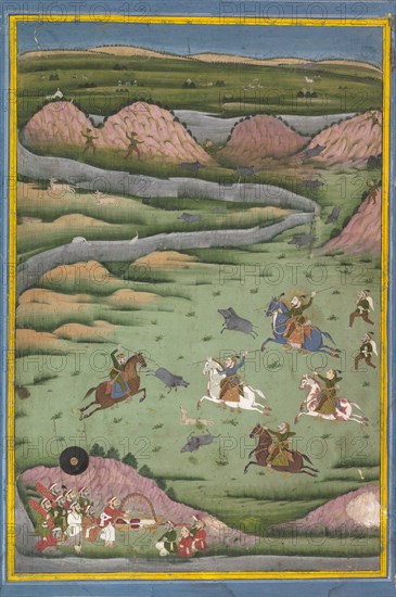 Maharana Amar Singh II or Sangram Singh Hunting Wild Boar, 19th century. Creator: Unknown.