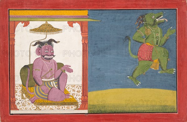 The Demon Hiranyaksha Departs the Demon Palace... from a Bhagavata Purana Series, ca. 1740. Creator: Unknown.
