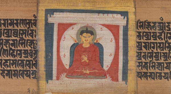Buddha Enthroned in a Shrine, Leaf from...Pancavimsatisahasrika Prajnaparamita..., ca. 1090. Creator: Unknown.