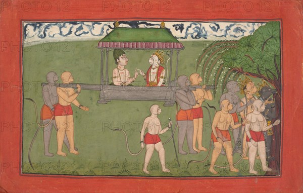 Lakshmana and Sugriva Being Carried by Palanquin to Receive Rama's Blessings..., ca. 1710-25. Creator: Unknown.