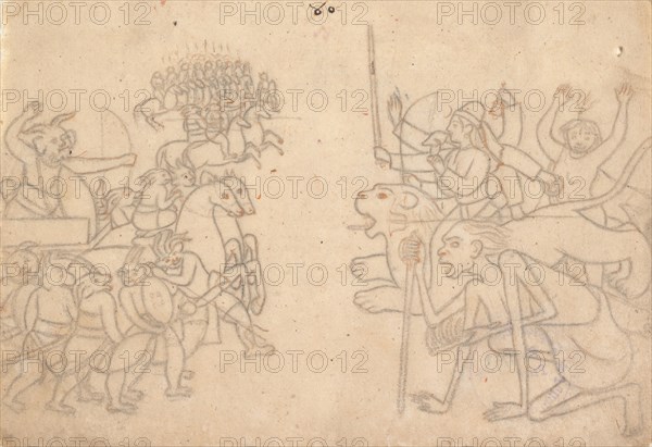 Durga and Kali Approach the Gathered Armies of Chanda and Munda... the Devi Mahatmya , c.1780. Creator: Unknown.
