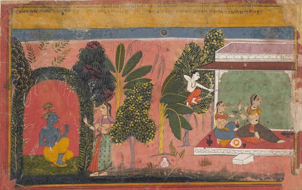 Kama Aims His Bow at Radha: Page From a Dispersed Gita Govinda (Loves of Krishna), ca. 1695. Creator: Unknown.