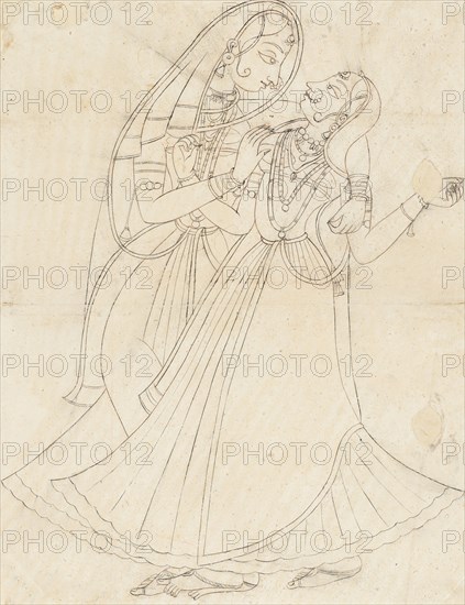 Krishna (dressed as a woman) Embracing Radha, 19th century. Creator: Unknown.