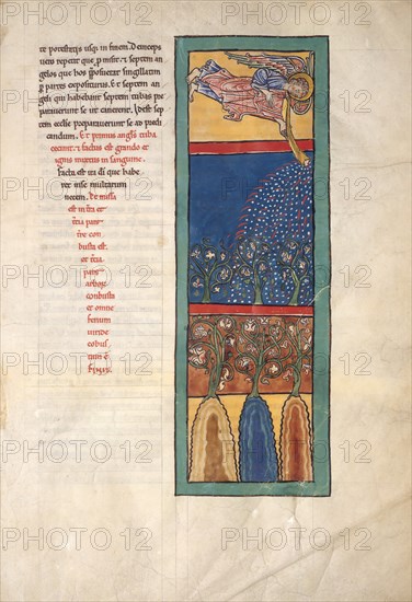 Leaf from a Beatus Manuscript: the First Angel Sounds the Trumpet..., ca. 1180. Creator: Unknown.