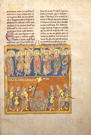 Leaf from a Beatus Manuscript: Seven Angels Hold the Cups of the Seven Last Plagues.., ca. 1180. Creator: Unknown.