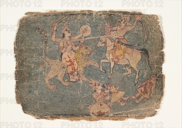 The Goddess Durga Slaying an Enemy; Page from a Dispersed Markandeya Purana..., 1650-60. Creator: Unknown.