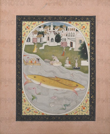 Manuscript Painting with Hindu Tantric Scene Depicting Two Fish, 1800-1820. Creator: Unknown.