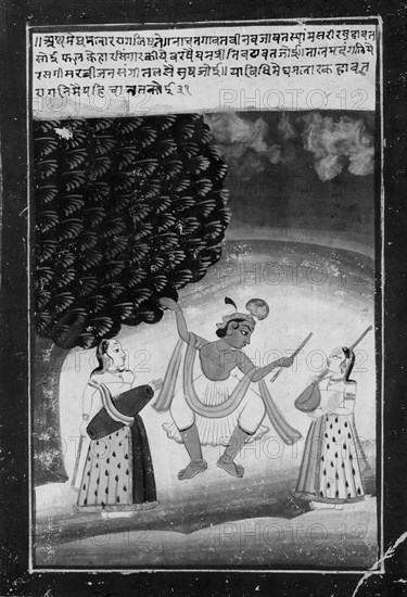 Krishna Dancing with Two Attendant Female Musicians, late 19th-early 20th century. Creator: Unknown.