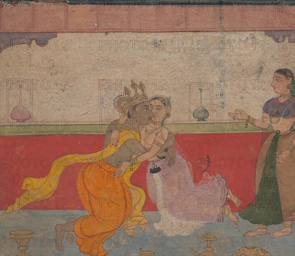 Krishna Kisses Radha: Page from the Boston Rasikapriya (Lover's Breviary), ca.1610. Creator: Unknown.