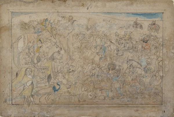 Durga, Kali, and Five Matrikas Battle the Daitya Army of the Demon Shumbha..., ca. 1780. Creator: Unknown.
