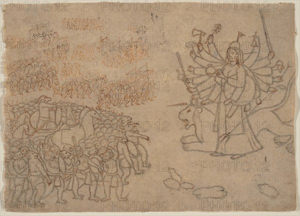 Durga Confronts the Army of the Demon Chikshura: Scene from the Devi Mahatmya , ca. 1780. Creator: Unknown.