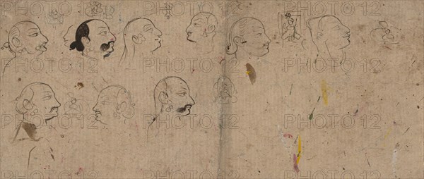 Sketch Page of Facial Studies, likely Maharao Kishor Singh, ca. 1830. Creator: Unknown.
