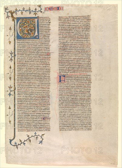 Initial "V" from the commentary of Nehemiah, one of six illustrated leaves..., ca. 1360-1380. Creator: Nicholas of Lyra.