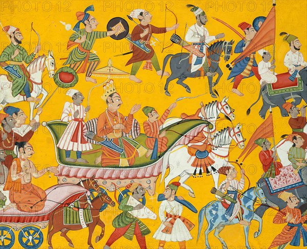 King Dasaratha and His Retinue Proceed to Rama's Wedding: Folio from the Shangri..., ca. 1690-1710. Creator: Unknown.