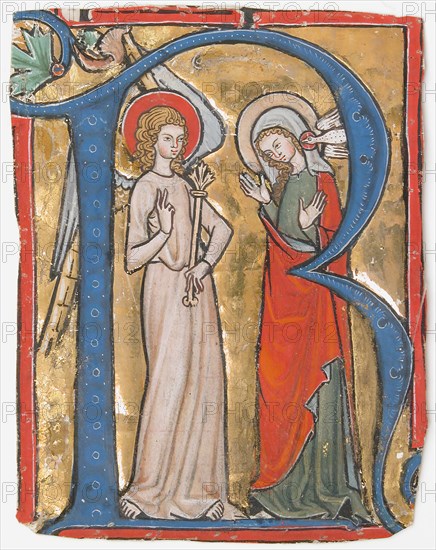 Manuscript Illumination with the Annunciation in an Initial R, from a Gradual, ca. 1300. Creator: Unknown.