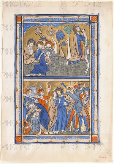 Manuscript Leaf with the Agony in the Garden and Betrayal of Christ, from a Royal Psalter, ca. 1270. Creator: Unknown.