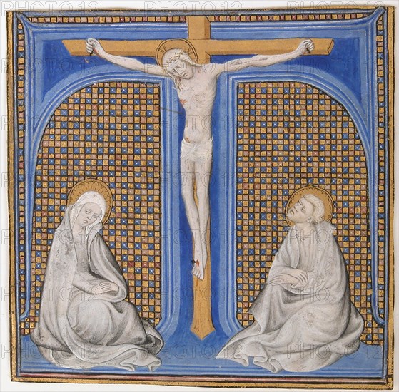 Manuscript Illumination with Crucifixion in an Initial T, from a Missal, ca. 1400. Creator: Unknown.