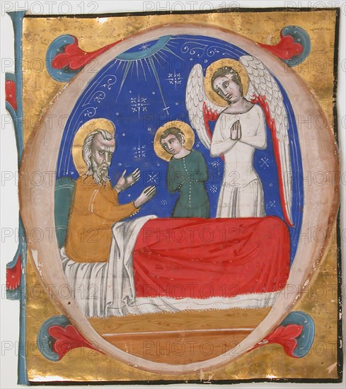 Manuscript Illumination with Tobit, Tobias, and the Archangel Raphael in an Initial O..., mid-14th c Creator: Unknown.