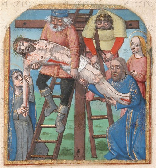 Manuscript Illumination with the Descent from the Cross, from a Book of Hours, late 15th century. Creator: Unknown.